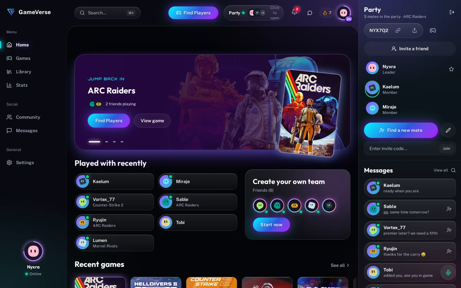 GameVerse app home: party panel with three teammates on ARC Raiders and recent messages